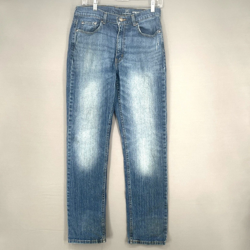 George Athletic Jeans Straight Leg Mid Rise Stretch Med Distressed Blue 30x32